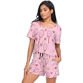Fustylead Womens Flower Floral Pajama 2 Piece Set Short Sleeve Lounge Soft Sleepwear with Pockets S-XXL