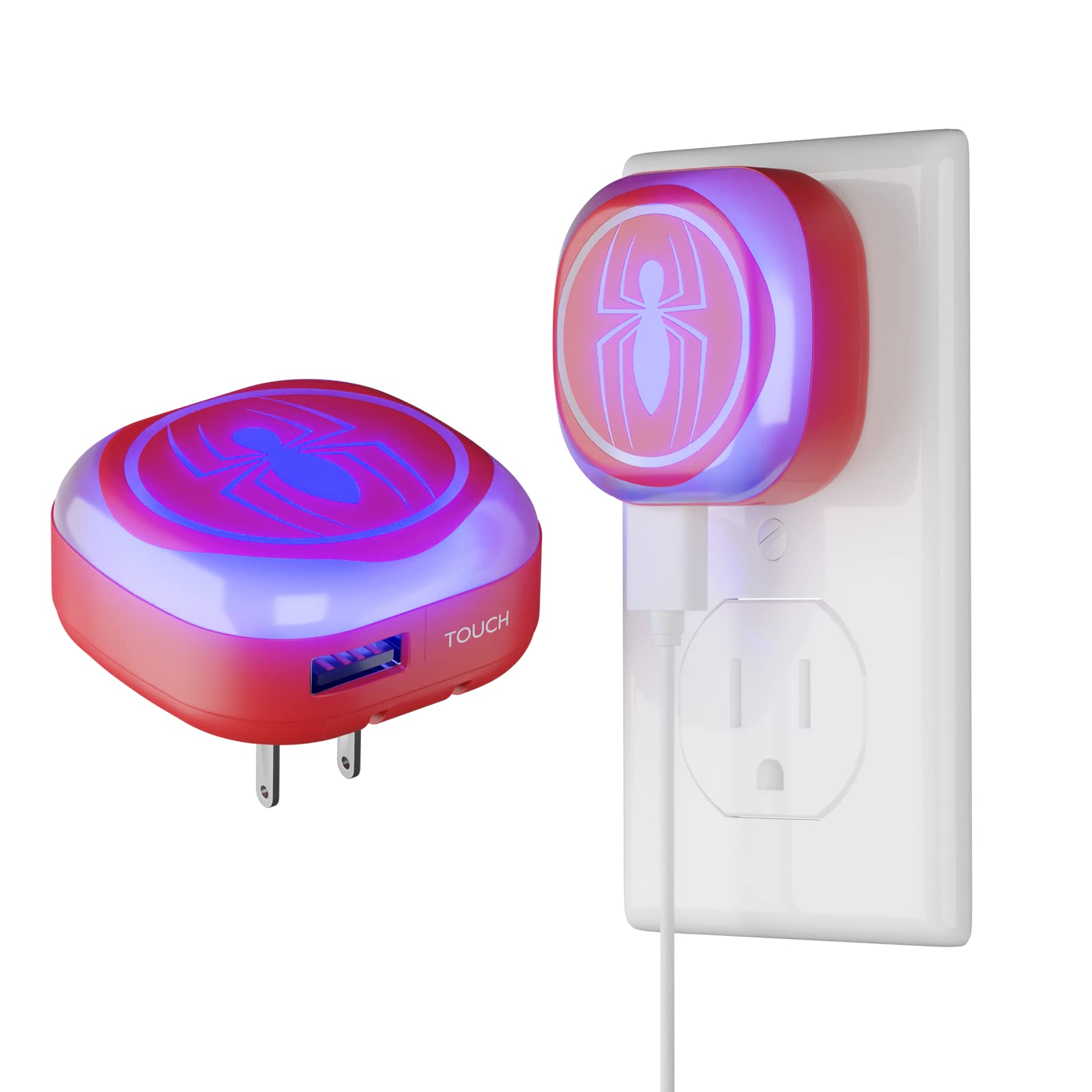 Marvel Spiderman Night Light with Touch LED and USB Charging Port- Spider Man Stuff/Spider-Man Gifts for Boys and Fans of Marvel- Foldable Plug and Build in USB Phone Charger- Spiderman décor