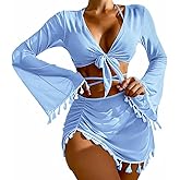 Cozep Women's 4 Piece Swimsuit Triangle Bikini Sets Bathing Suit Sexy Swimwear with Beach Cover Up Skirt