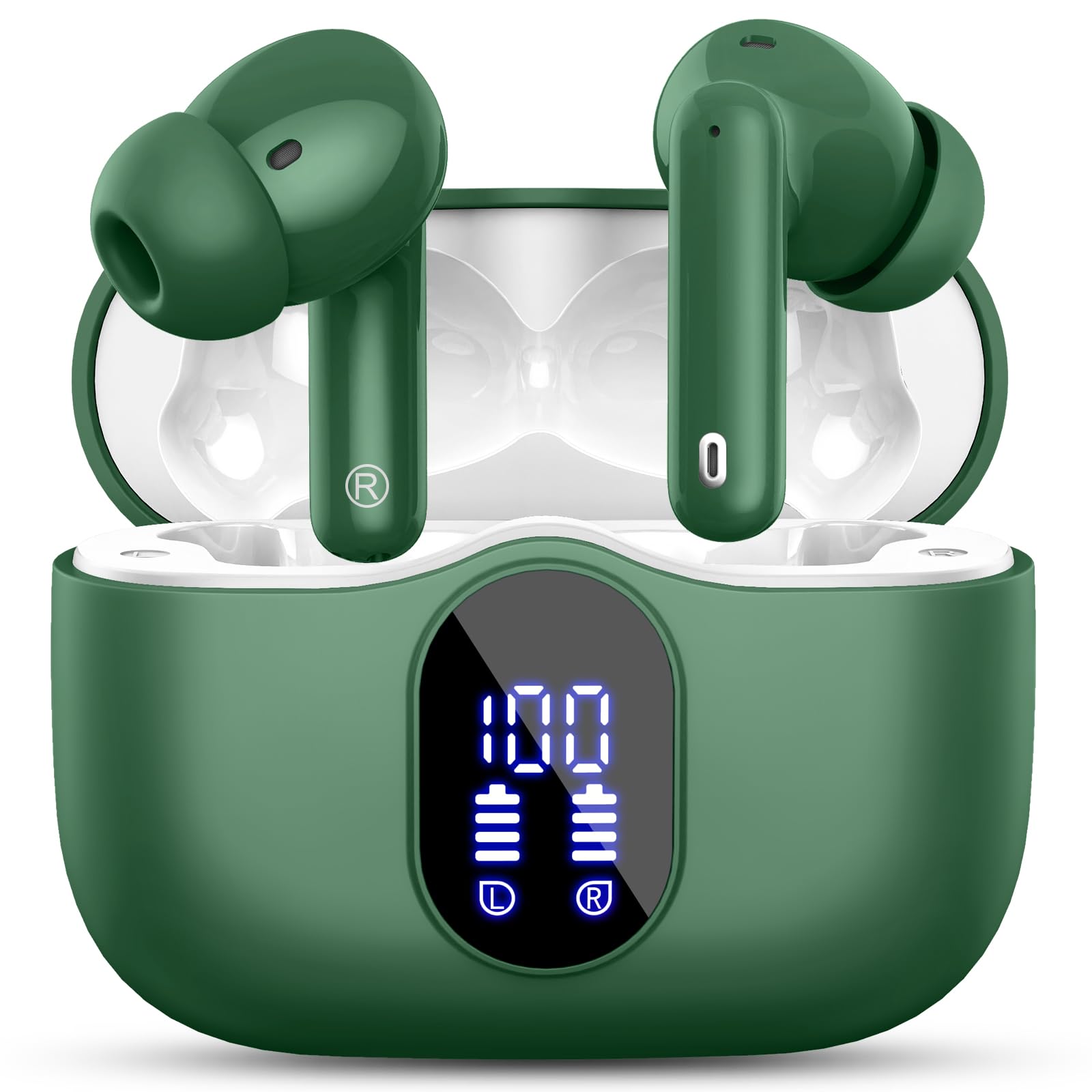 Wireless Earbuds, Bluetooth 5.4 Headphones In Ear with 4 ENC Noise Cancelling Mic, 2026 Bluetooth Earphones Mini HI-FI Stereo Sound, LED Display Wireless Headphones 36H Playtime IP7 Waterproof, Green