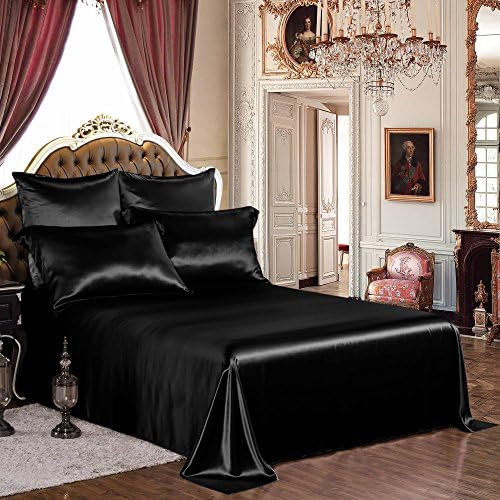 THXSILK 19mm Silk Flat Sheet, 1 Flat Sheet ONLY, High End Collection Silk Bed Sheet, Ultra Soft Pure Mulberry Silk Bedding-, Durable- Queen Size, Black