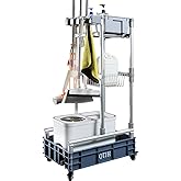Rolling Cleaning Cart with Mop &amp; Broom Organizer ， Convenient Storage Cart for Janitorial Supplies, Tools, and Cleaning Equipment ， Floor Cleaning Station with Wheels for Housekeeping, Garage &amp;Garden