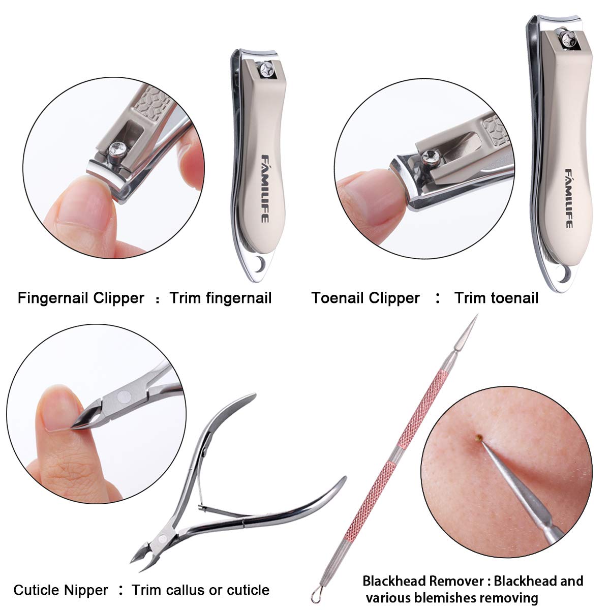 FAMILIFE Manicure Set, 8 in 1 Professional L13 Manicure Kit Nail Clipper Set Stainless Steel Pedicure Tools Kit Portable Grooming Kit with Pink Leather Travel Case for Women Girl : Beauty