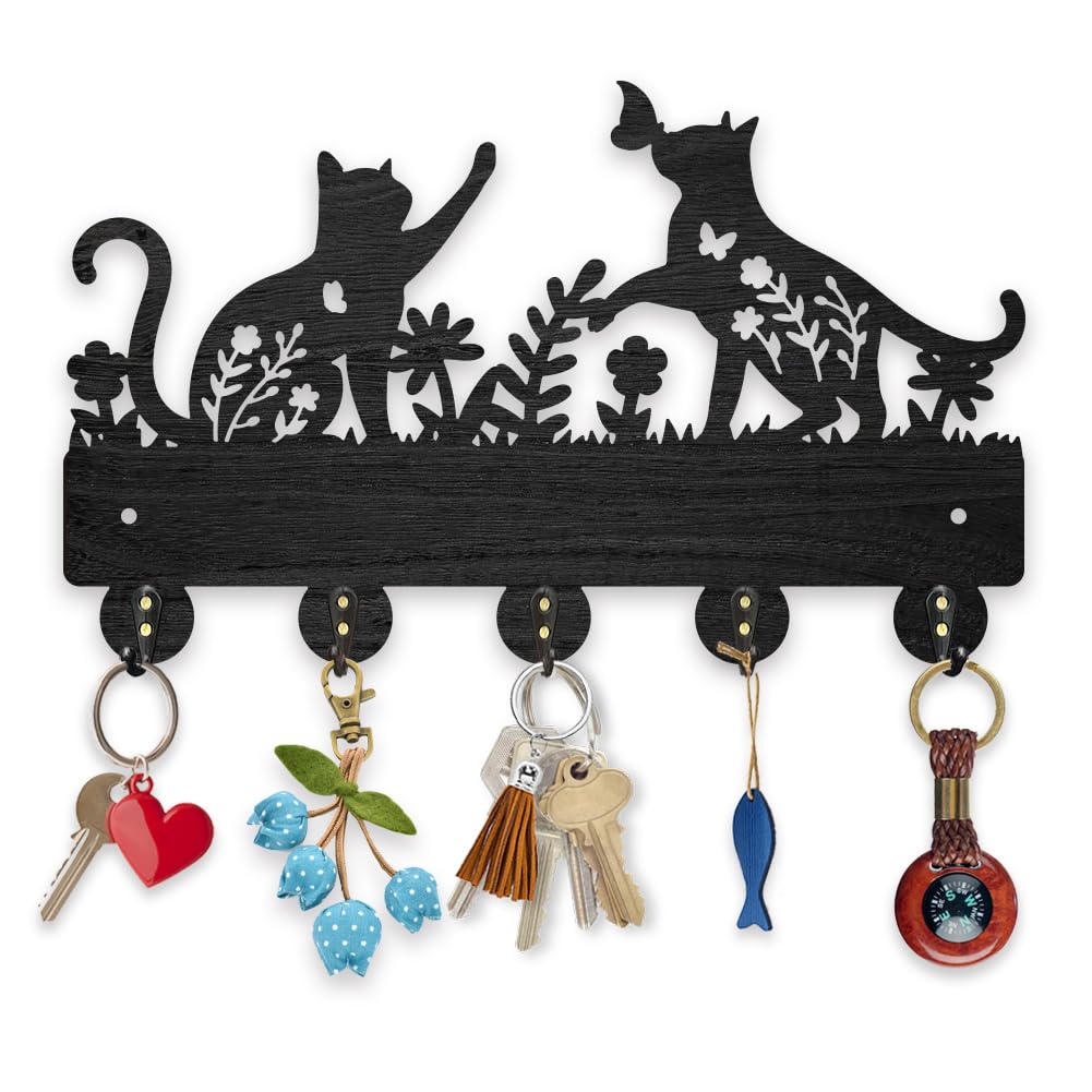 MAYJOYDIY Wall Mount Coat Hooks, Cat and Butterfly Design, 30x18.2cm, 5 Alloy Hooks Black Animal Wood Key Holder for Gift Entryway Living Room Kitchen Office
