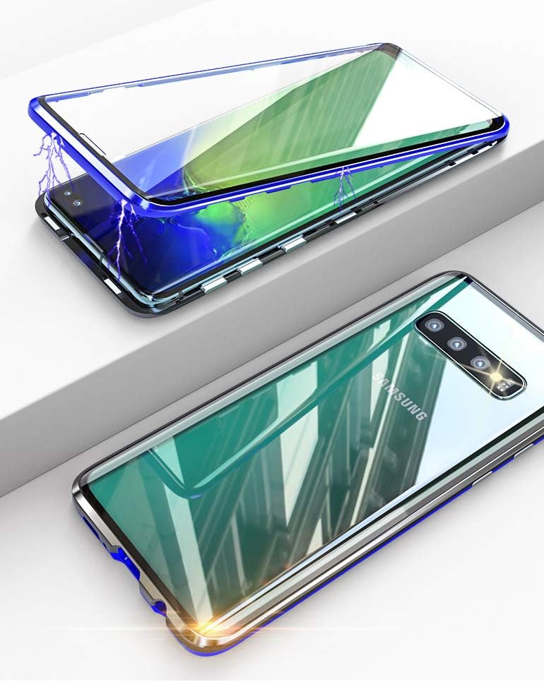 Galaxy S10+ Case KumWum Metal Bumper Magnetic Adsorption 9H Tempered Glass Front and Back Cover for Samsung S10+ (Galaxy S10 Plus, Blue+Black)