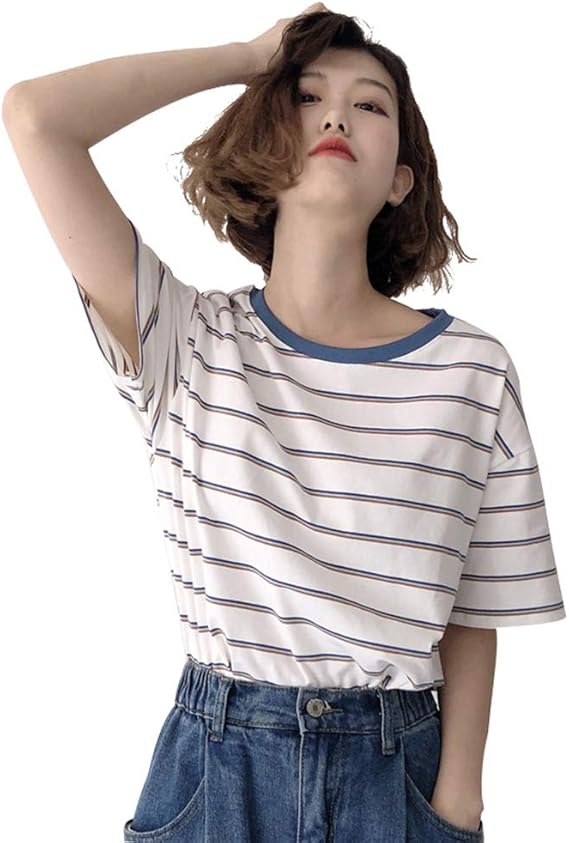 Amazon Ksila カットソー レディース 半袖 ボーダー柄 Tシャツ ゆったり ティーシャツ 綿 カジュアル トップス 韓国 かわいい Tシャツ 通学 Freesize白 Tシャツ カットソー 通販