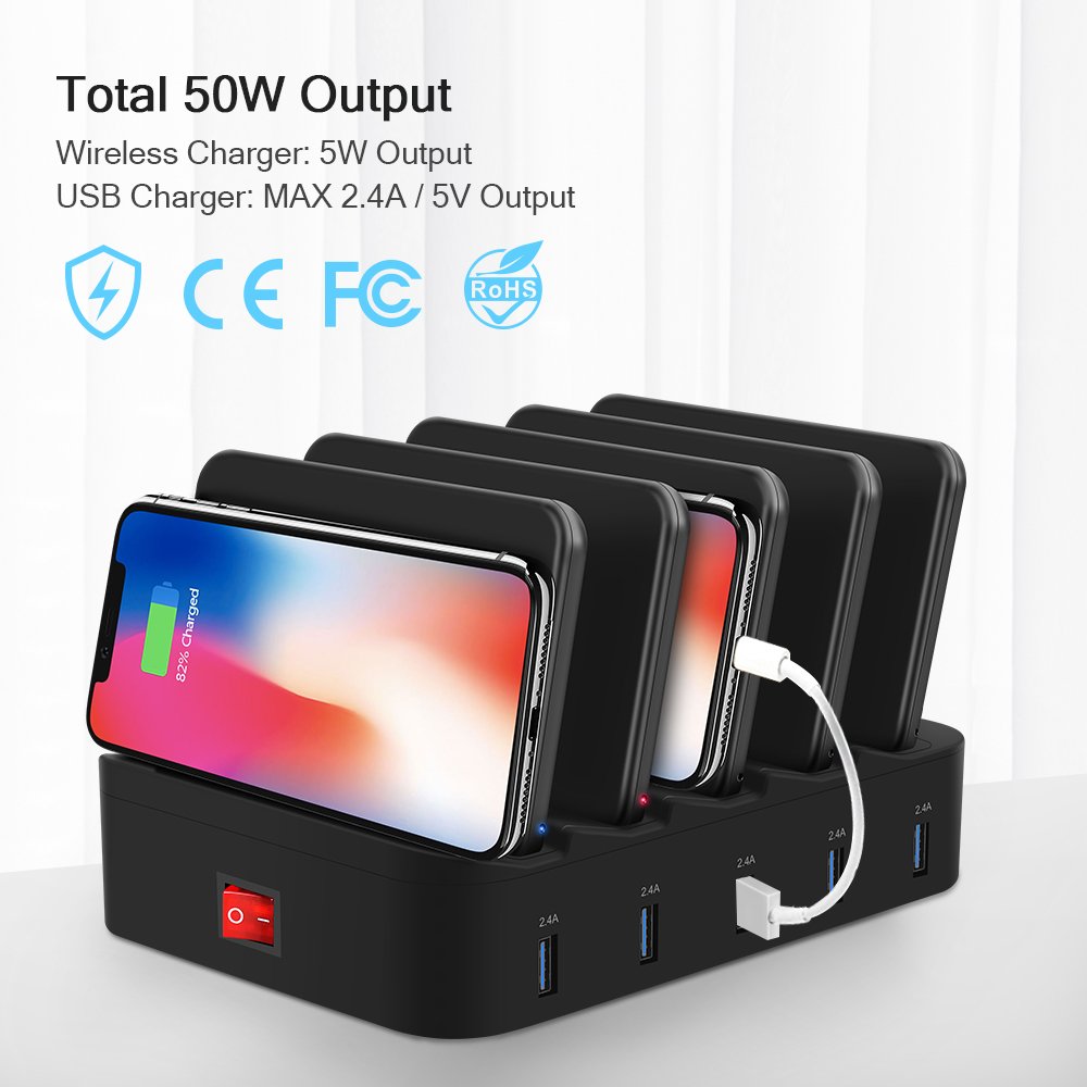 Multiple Port Charging Station, Cell Phone Wireless Charging Pad & USB Charging 5 Ports Dock 2.4A for Smartphones KindleTablets Removeable Baffles Fast Charge Organizer with Indicator (2 Wireless Pad)