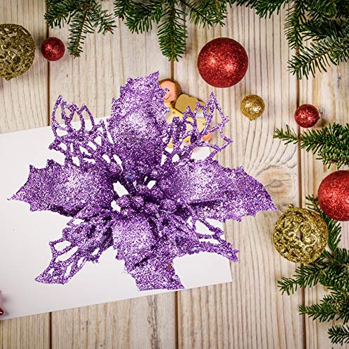 MeiBoAll Hollow Glitter Christmas Flowers, 6pcs Xmas Tree Flower Decorations, Christmas Wreath Making Supplies DIY Craft Artificial Flowers Poinsettia, Red - Thumbnail 3
