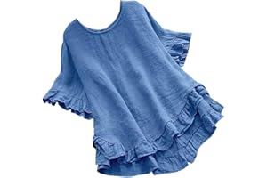HUNENY Womens Summer Crew Neck Short Sleeve Tops Solid Casual Loose Fashion Ruffle Cuffs and Hem Tops for Women