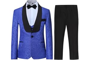 Boyland Boys Tuxedo Suits Floral Jacqurad 3 Pieces Slim Fit Shawl Lapel Tux Jacket Tux Vest Pants Party Wedding White Blue