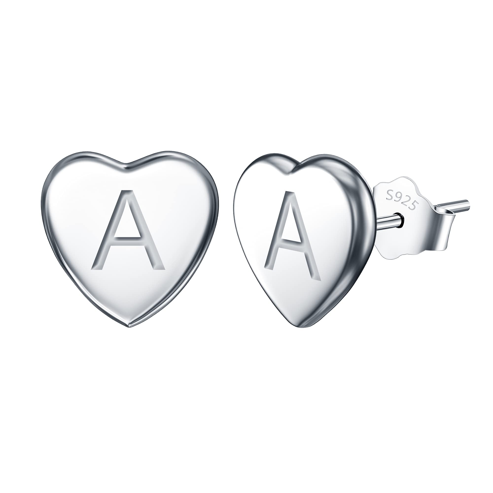EVER FAITH Heart Initial Stud Earrings for Girls, 925 Sterling Silver Dainty Tiny Alphabet Letter A Stud Earrings for Women Kids Teen Girls Sensitive Ears