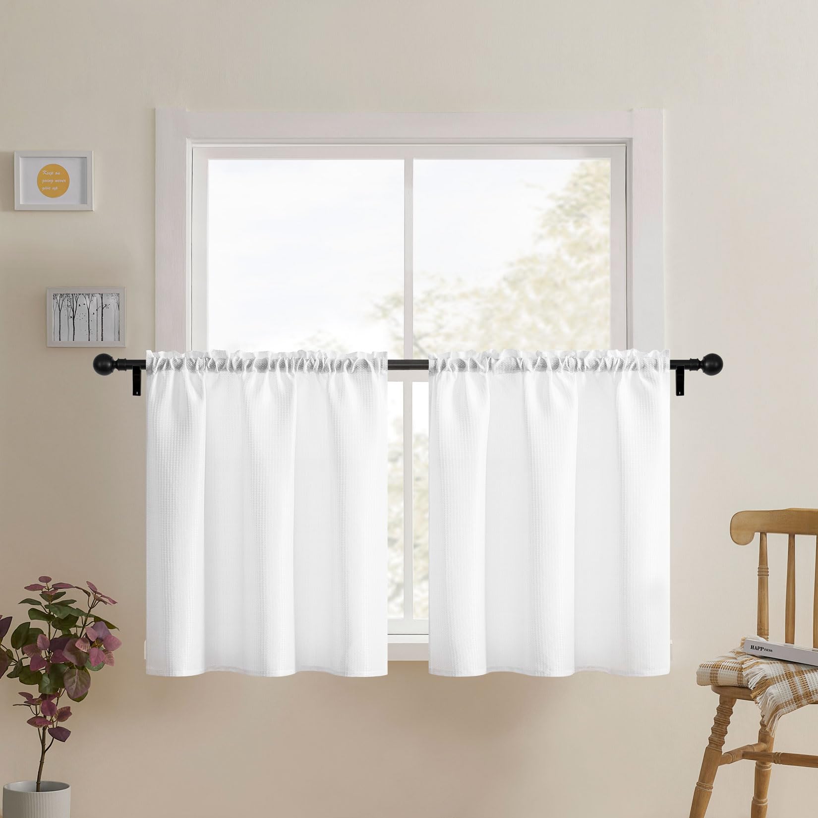 Photo 1 of Home Queen White Waffle Bathroom Window Curtains, Water Repellent Rod Pocket Short Kitchen Drapes for Small Window, 2 Panels, 36 X 24 Each