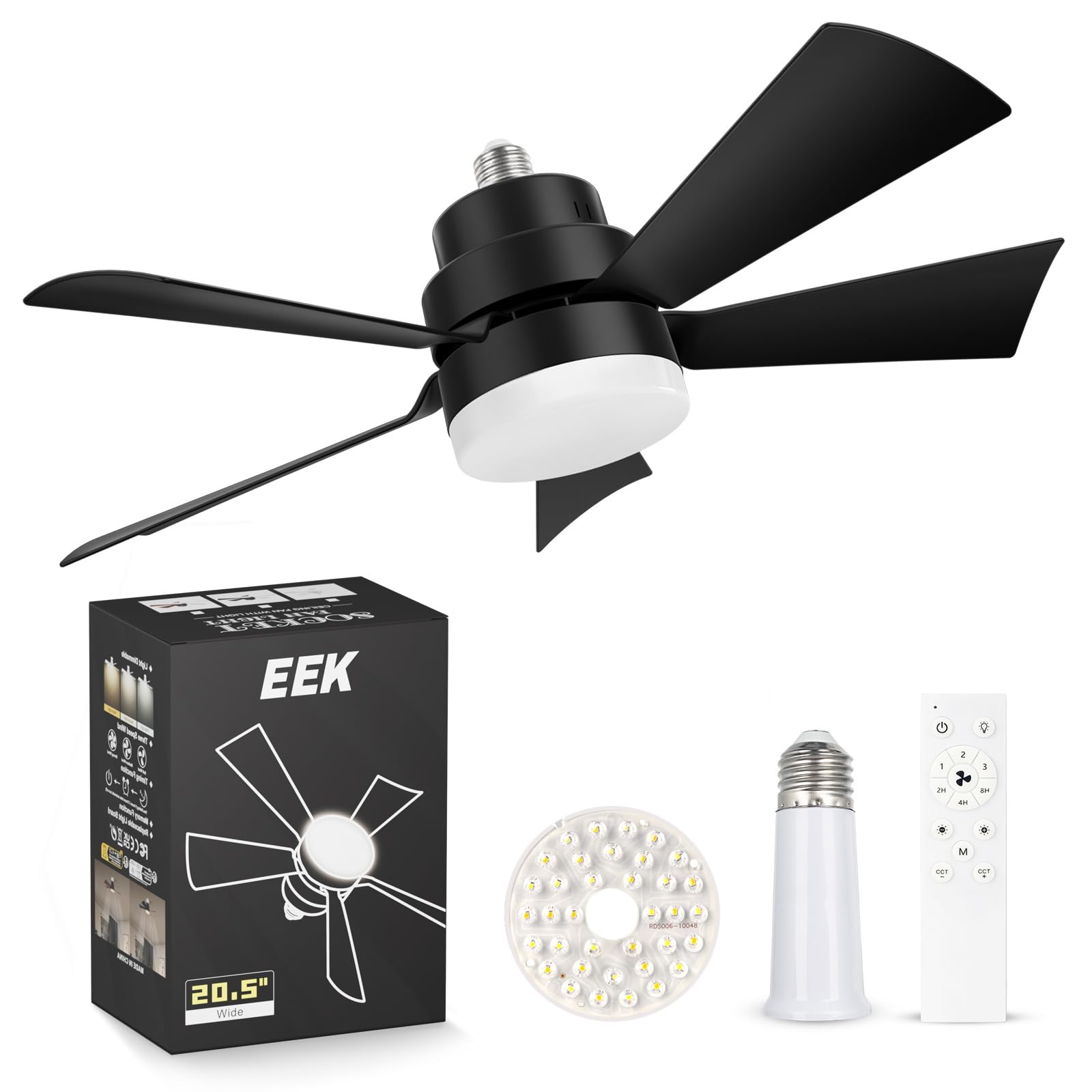 Photo 1 of EEK Socket Fan Light with Ultra Quiet Design, 20.5? Ceiling Fans with LED Lights and Remote,Screw in Fan Light for E26/E27,3Speeds 3Colors 3000-6500K,1200 (Black)