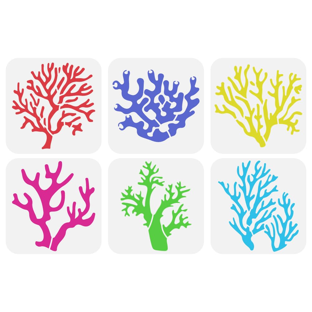 FINGERINSPIRE 6 Pcs Coral Painting Stencil 15x15cm Reusable 6 Styles Sea Creatures Coral Drawing Template DIY Summer Ocean Theme Decoration Stencil for Painting on Wood Wall Fabric Furniture