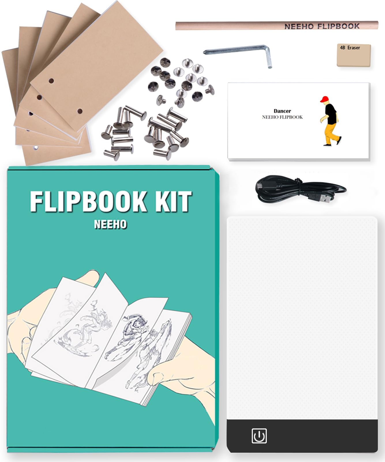 Flip Book Kit, Neeho Flipbook Kit with Light Pad for Drawing and Tracing with 300 Sheets Premium Pre-drilled Flipbook Paper, LED Lightbox for Making Animation Flipbooks with Binding Screws
