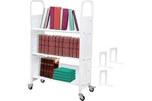 AHLOKI Book Cart, Library Cart 3-Shelf, Rolling Library Book Cart Double Sided W-Shaped Sloped Shelves with 4-Inch Lockable Wheels, for Home Shelves Office and School Book Truck,V-Shaped White