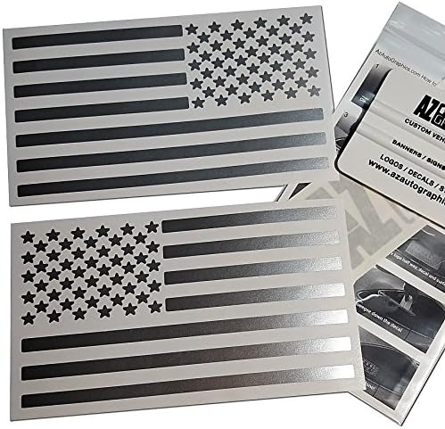 (Silver 4" x 7") Two US American Flag Decal Sticker Die-Cut Az Auto Graphic Car Truck Bike