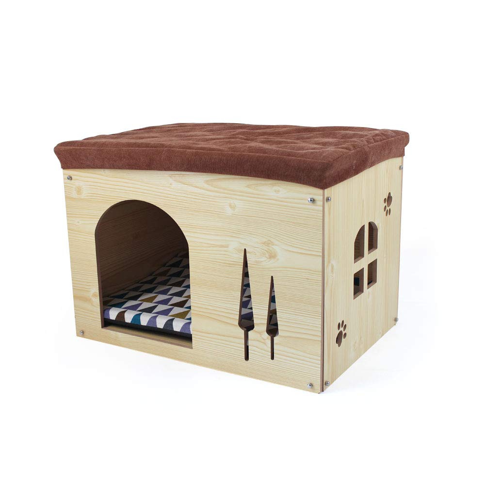 Cat Pet Bed House- Footstool Style Cat Cave Puppy Kennel, Foldable Pet House with Free Pet Cushion for Small Dogs Cats Rabbits Creative Wood Sitting Stool for Living Room Bedroom, Natural XL