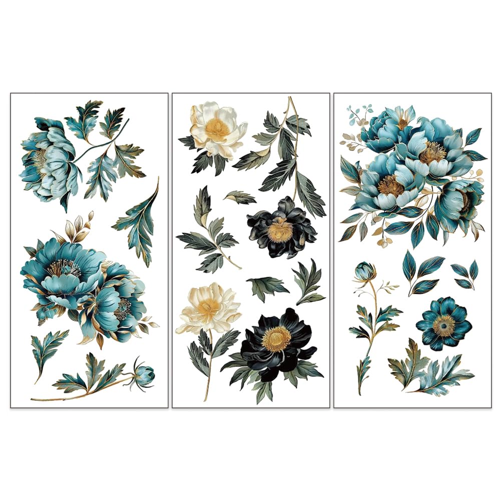 OLYCRAFT 3pcs/Set Rub on Transfers for Furniture and Crafts 15x30cm Gilded Flowers Decor Transfer Stickers Peony Rub on Decals for Wood Furniture Scrapbooking Home Decorations