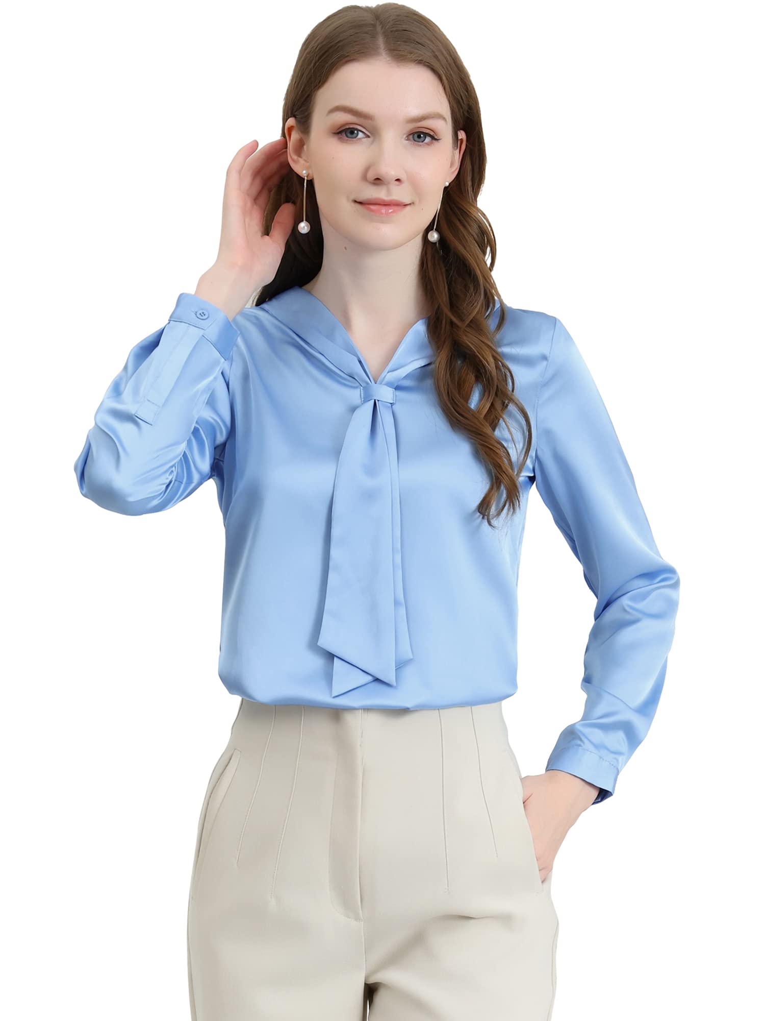 Photo 1 of Allegra K Women's Work Office Shirt Tie Neck Long Sleeve Elegant Dressy 2024 Business Casaul Blouse Medium Light Blue