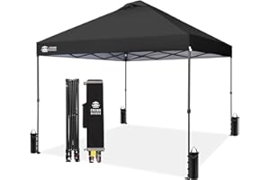 CROWN SHADES 10x10 Pop Up Canopy Tent - Patented Center Lock One Push Instant Outdoor Canopy Beach Tent with STO-N-Go Bag 8 Stakes & 4 Sand Bags，Black