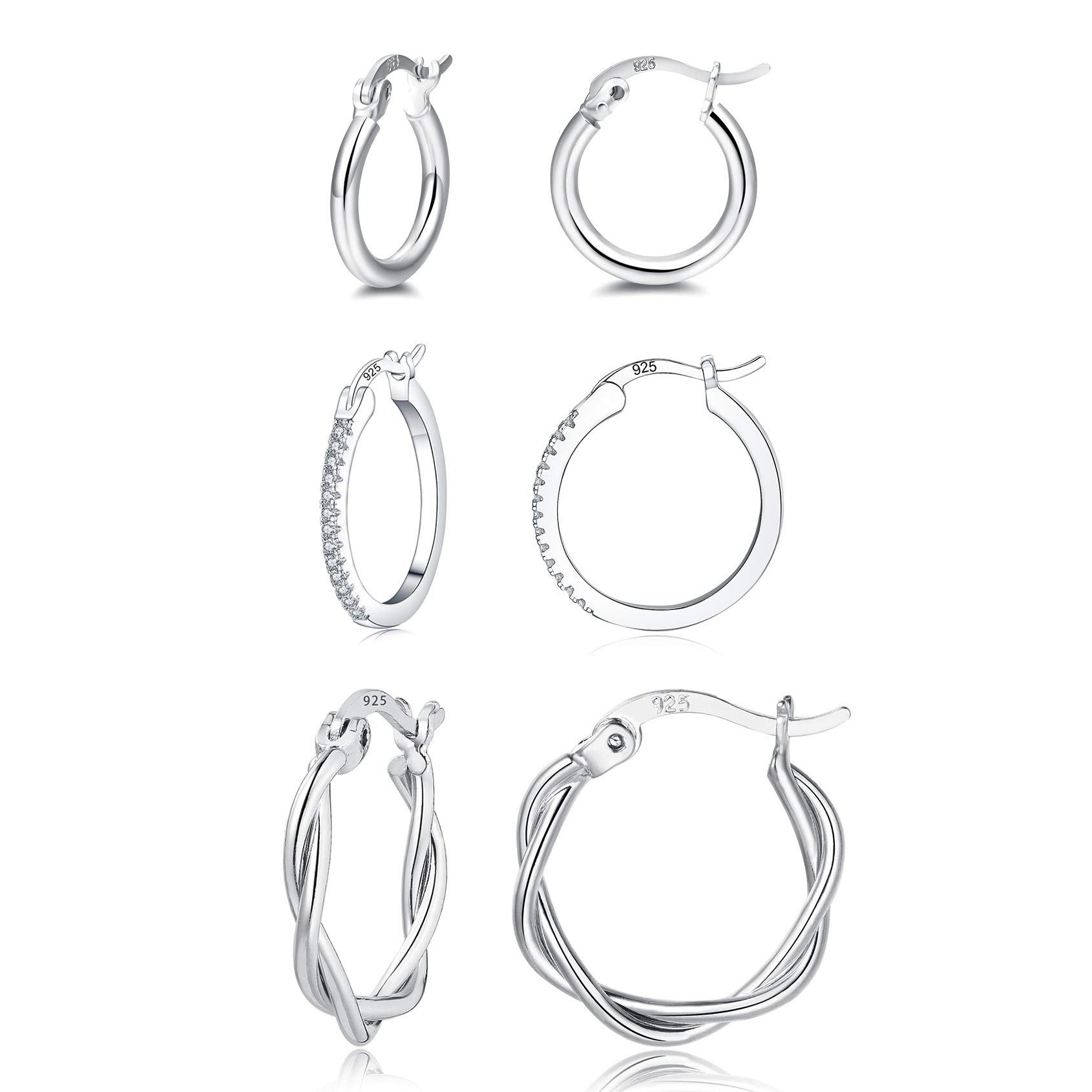 EPVOA Silver Hoop Earrings for Women & Men, Hypoallergenic Sterling Silver Hoops, Sizes 13/15/20mm