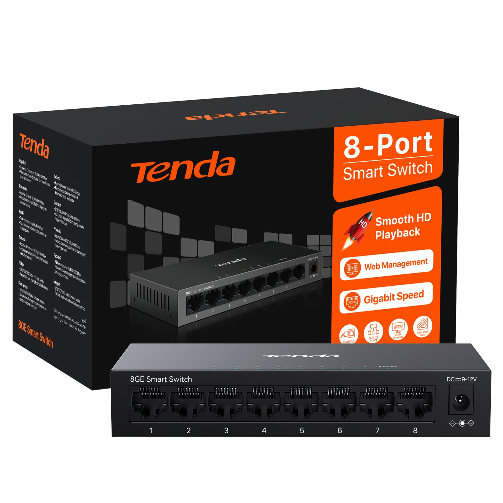 Tenda TEG208E Managed Switch 8 Port Gigabit LAN Switch (IGMP-Snooping, QoS, VLAN, DHCP- Snooping, LAG, MAC Address Binding, Lüfterlos, Energieeffizient, Metall) Netzwerk Switch LAN Verteiler 8