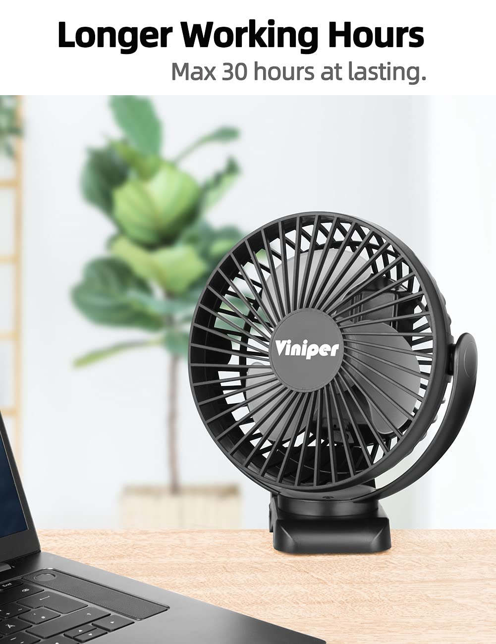 Viniper 6 inch Rechargeable Clip on Fan, 5000mah Battery Desk Fan : 360° Rotation & 3 Speeds Strong Wind Portable Fan, 8-30 Working Hours, Quiet and Powerful (Black)