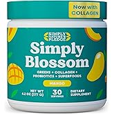 Simply Blossom Nutrition Daily Greens & Superfood Powder + Collagen + Probiotics for Women's Digestive Health & Bloating Relief. Help Your Health Bloom - 30 Day Supply - Mango