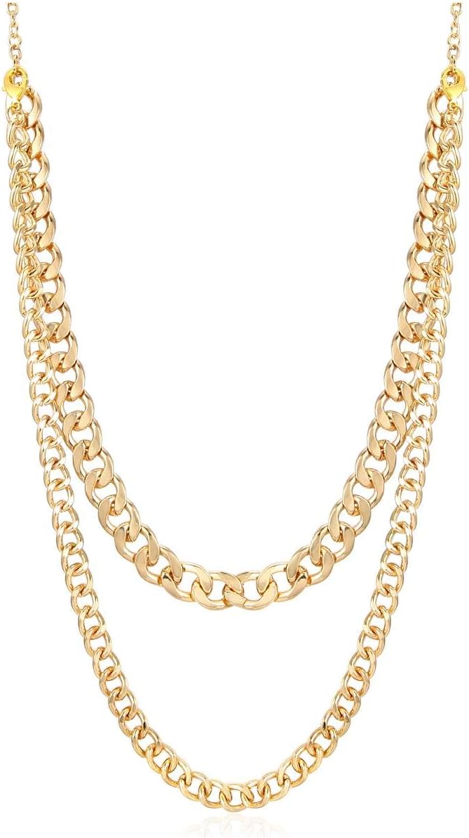Women's Metal Chunky Chain Necklace 2 Layers Linked Sweater Outfits Costume Cocktail Party Jewelry