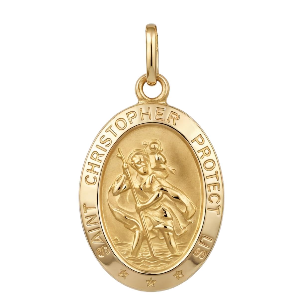 Alexander Castle Solid 9ct Gold St Christopher Pendant Medal for Women Men Boys Girls - with Jewellery Gift Box - 'SAINT CHRISTOPHER PROTECT US' Engraving