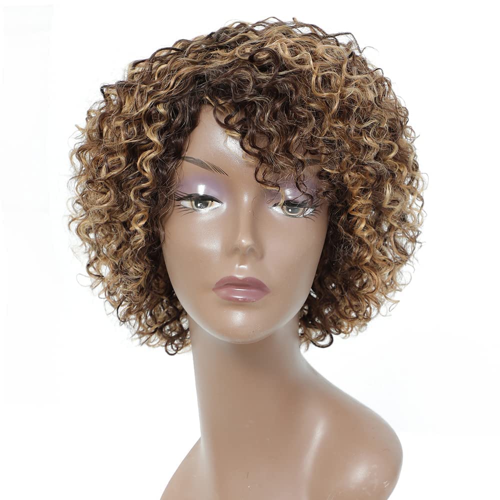 Morichy Short Curly Human Hair Wigs for Women P4/27/30 Short Curly Brazilian Kinky Curly Wigs for African Glueless Human Hair Wig