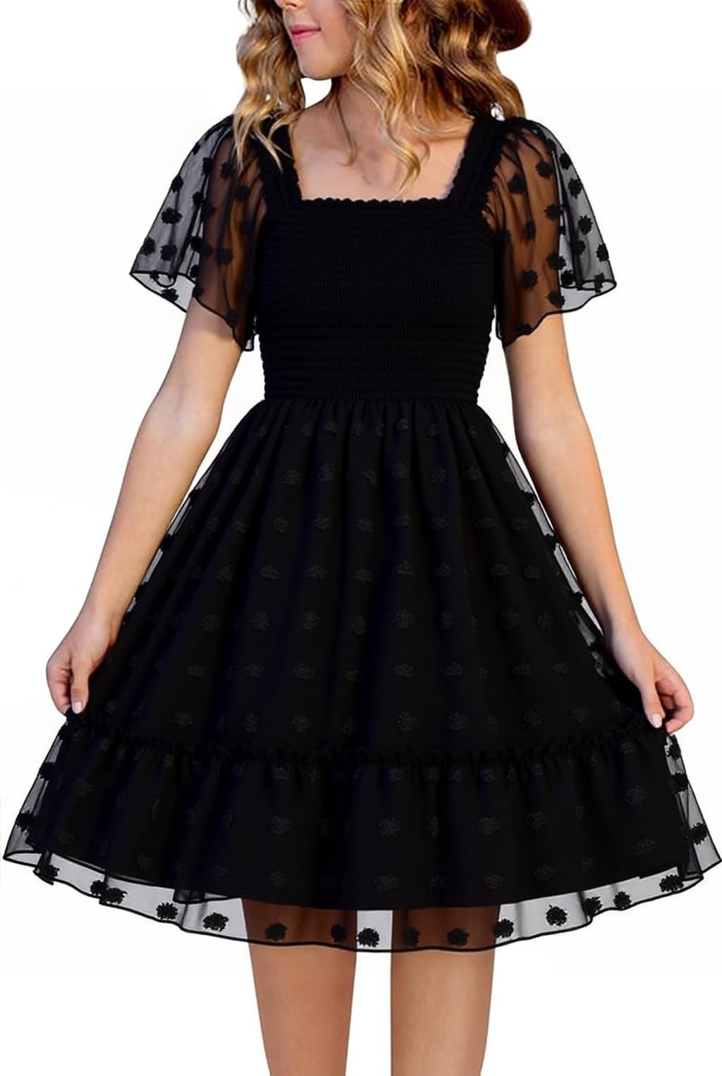 Photo 1 of *SIMILAR TO PHOTO ONLY*_____zarmfly Girls Dresses Summer Outfits Puffy Sleeve Embroidery A Line Chiffon Smocked Shirred Kids Square Neck Casual Formal Party Black Dress 10-11 Years