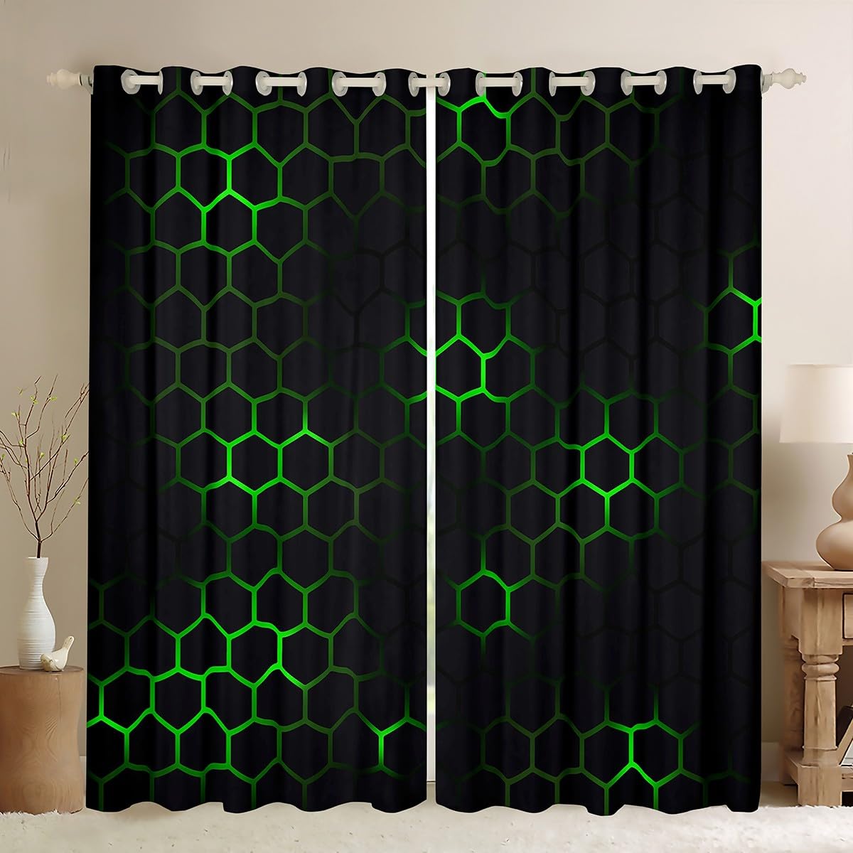 Honeycomb 30%-50% Blackout Curtains W66*L90 Modern Hexagon Theme Curtains for Bedroom Boys Girls Children Geometrical Darkening Drapes Beehive Green Window Treatments