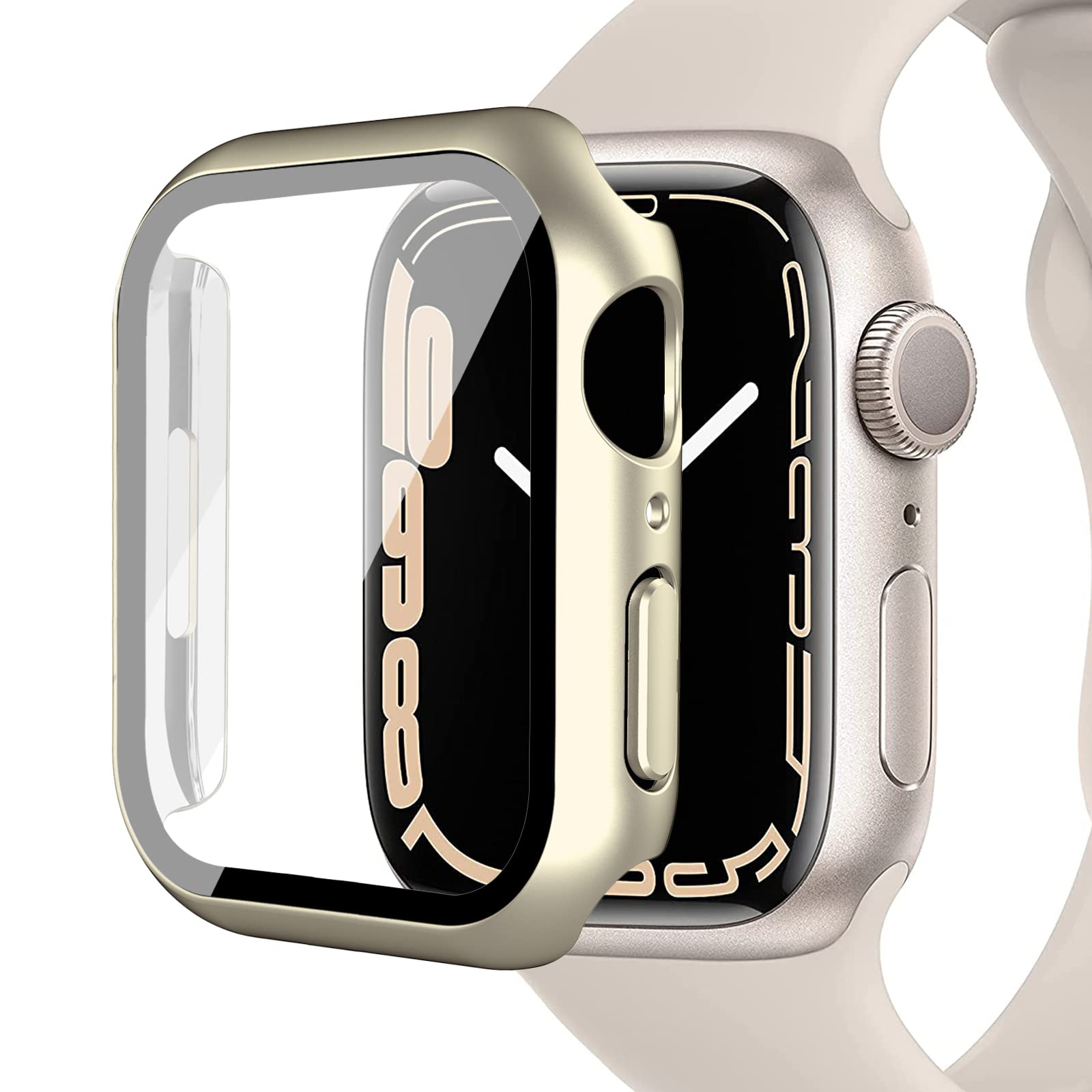 Miimall Case Compatible with Apple Watch Series 9 8 7 41mm Tempered Glass Screen Protector, Ultra-Thin Hard PC Shockproof All-Around Bumper Shell Protective Cover for iWatch 9 41mm-Starlight