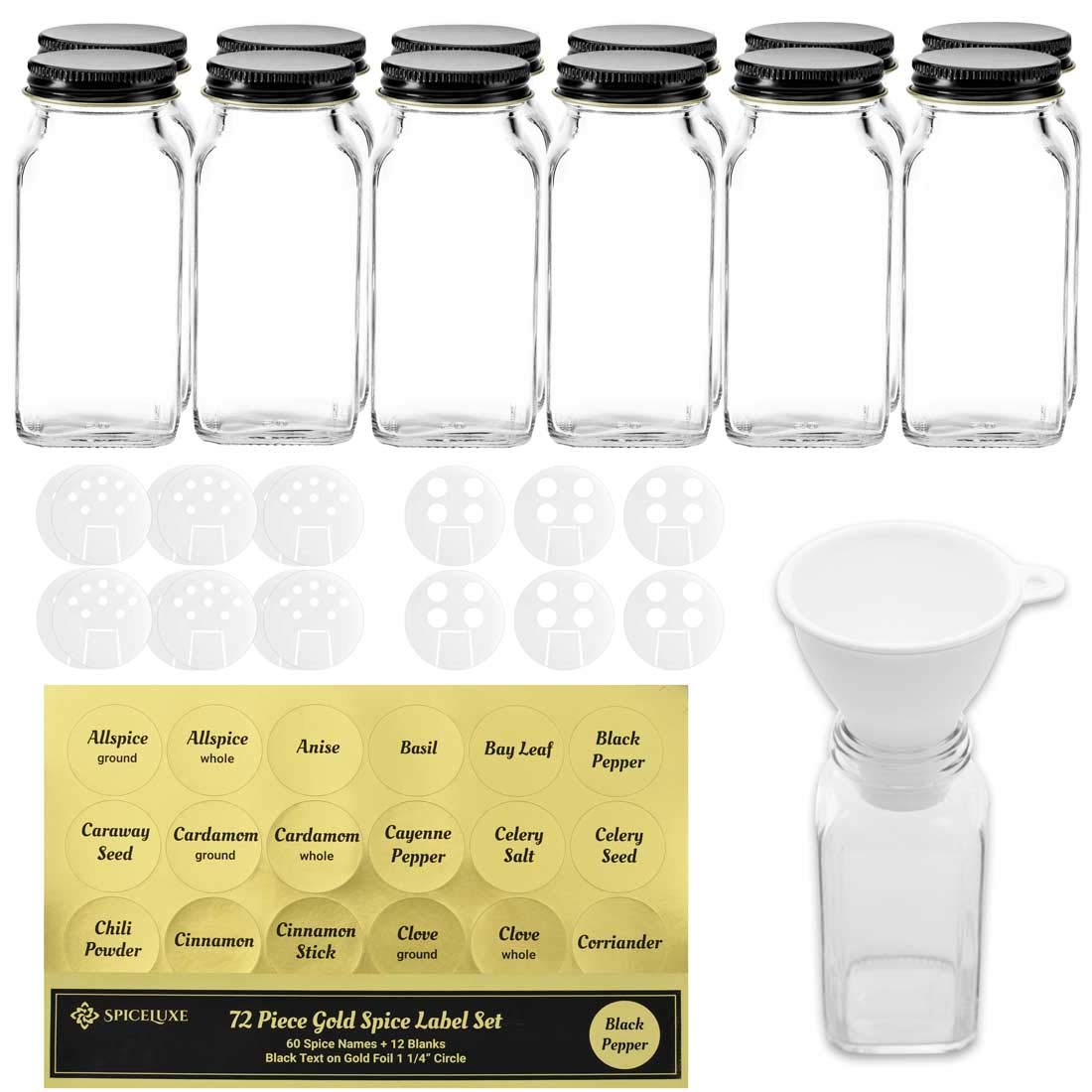 Deluxe Large Spice Jar Set 12 Square Glass 6 oz Spice Bottles, 72 Premium Labels