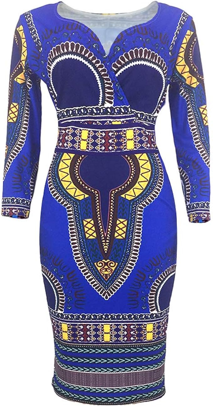 Women's African Tribal Print Wrap Dress Long Sleeve Ethnic Print Sexy V