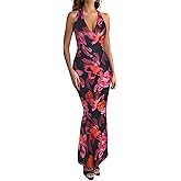 Women's Halter Bodycon Maxi Dress Summer Floral Print Sleeveless Tie Back Party Cocktail Wedding Guest Long Dresses