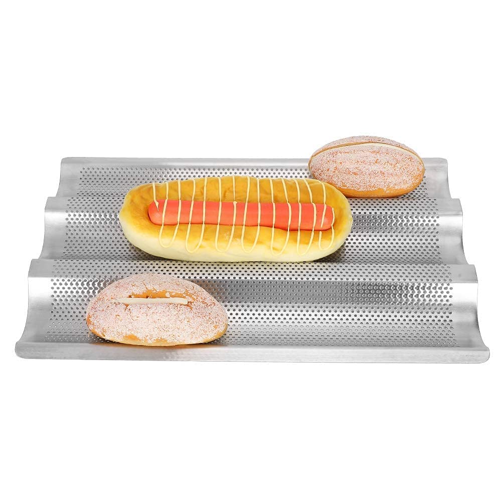 Perforated Baguette Baking Tray, Nonstick Perforated Baguette Pan French Stick Loaf Baking Molds Pan Oven Toaster Pan for 3 Baguettes, 15.2 x 9.8 Inch