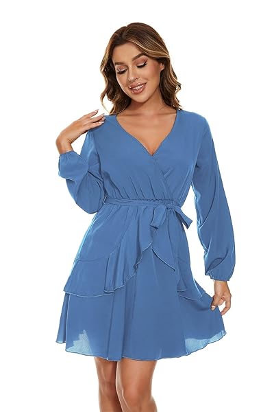 UGUEST WOMEN LONG SLEEVE V NECK DRESS, SOLID MINI SWING PARTY WEDDING DRESS WITH BELT, BLUE 3XL