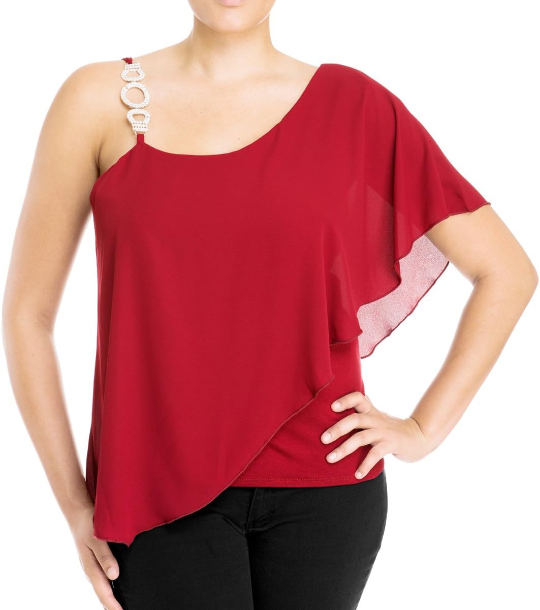 eVogues Plus Size Asymmetric Pendant Strap One Shoulder Layered Top