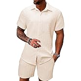 DEEX Men's Summer Beach Outfits 2 Piece Short Sleeve Shirts and Shorts Texture Vacation Sets for Men 2025