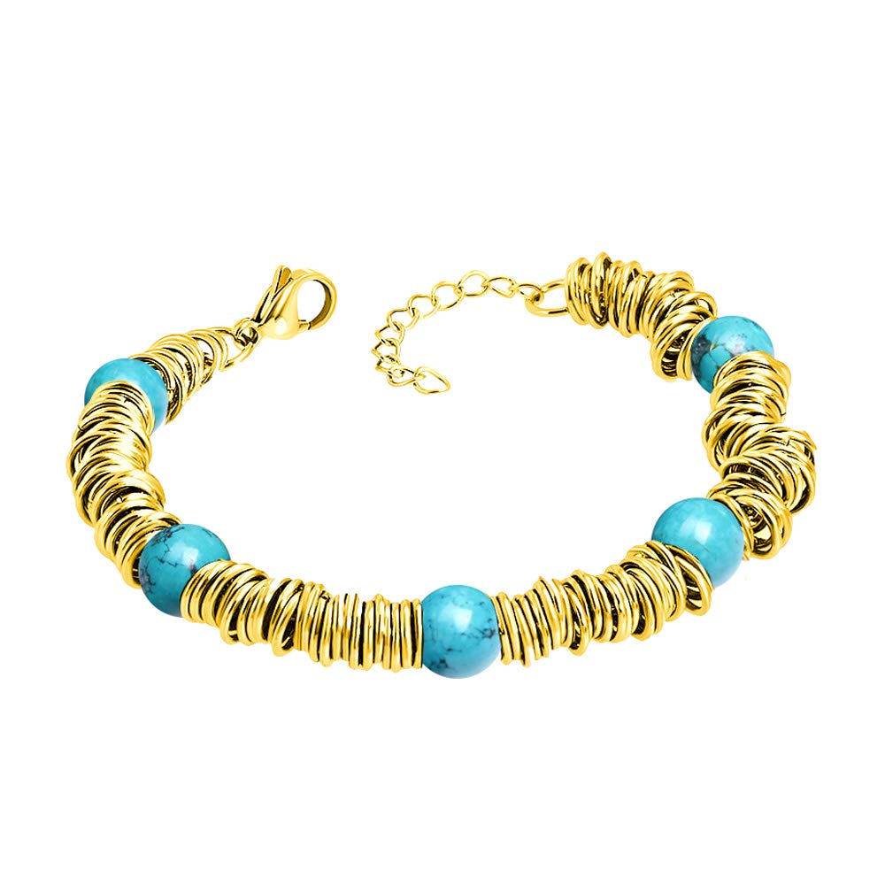 555Jewelry Stainless Steel Disc & Extendable Bead Bracelets for Women, Turquoise Bracelets for Women, Beaded Bracelets for Girls, Womens Beaded Bracelets, Gold & Turquoise