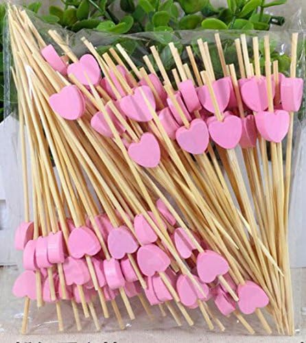 100 Pack of 4.7" Bamboo Cocktail Picks Cocktail Sticks Party Toothpicks, Sandwich, Appetizer, Cocktail Picks (Pink Heart)
