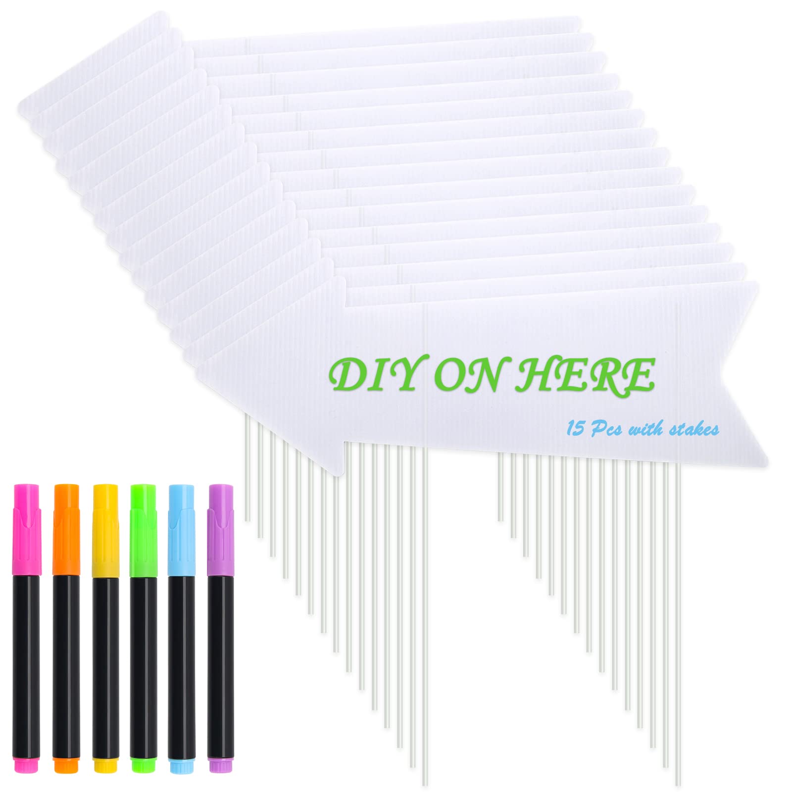 15 Pack Wedding Directional Yard Signs with Stakes, Windspeed Blank Halloween Yard Sign Arrow Party This Way Double-side Printed DIY Yard Signs with Stakes, Include 6 Colors Pens