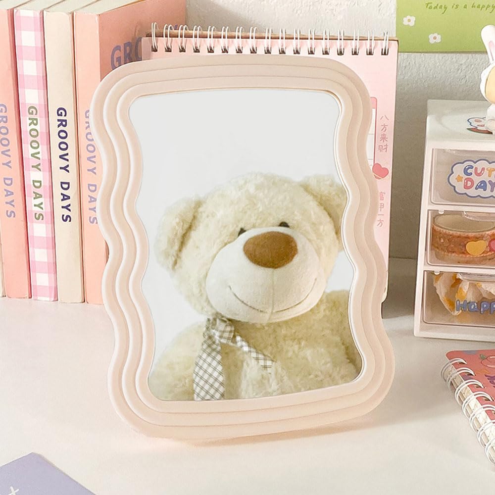 Hosoncovy Desktop Mirror with Stand Ripple Frame Countertop Makeup Mirror Vanity Mirror Cosmetic Mirror Decorative Mirror for Bedroom Bathroom (Pink)