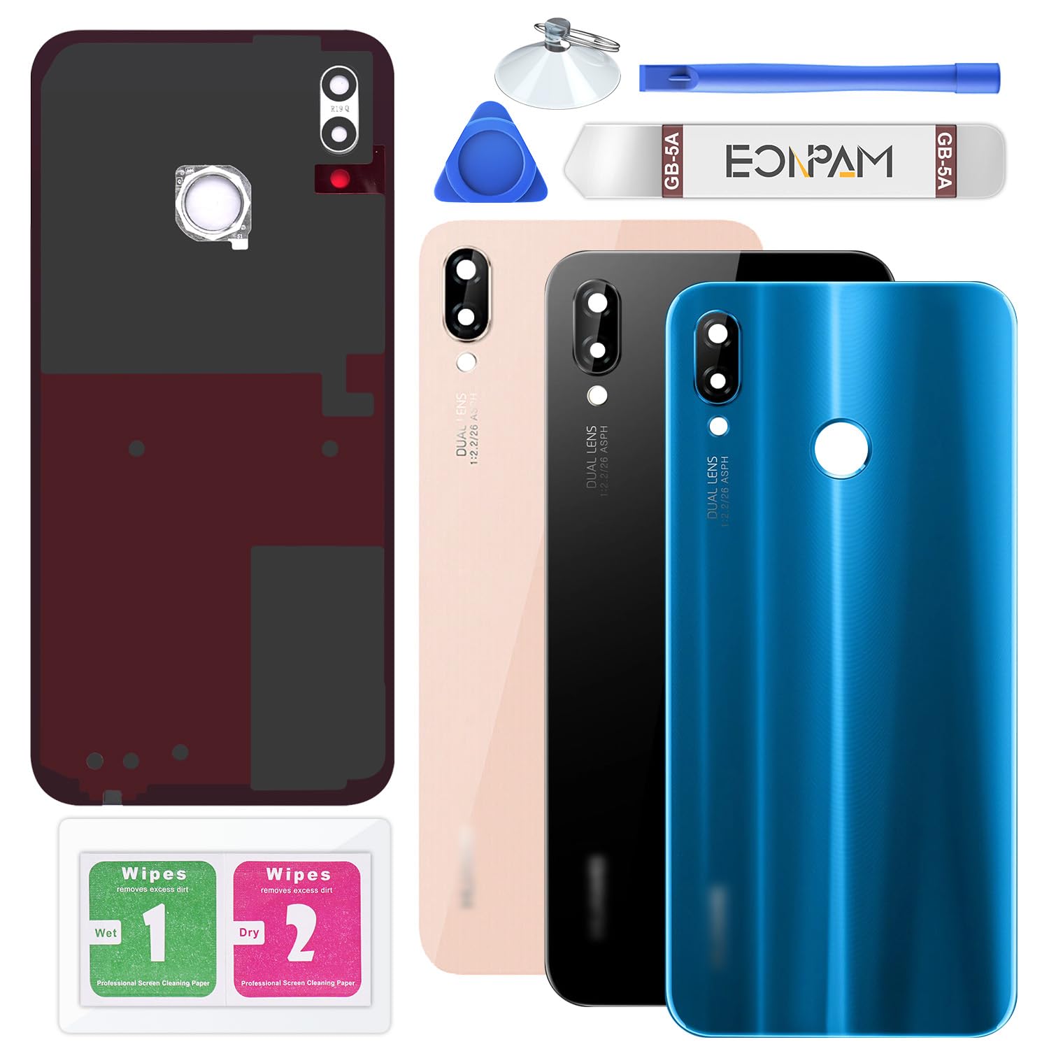 Eonpam Back Cover Glass for Huawei P20 Lite Rear Glass Replacement with Camera Lens + Repair Kit Genuine Rear Housing (Blue)