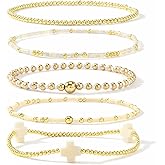 EQUBIO Gold Beaded Cross Bracelet for Women, 14K Plated Adjustable Stackable Dainty Bracelets, Non Tarnish Fashion Jewelry Set Gifts for Women Birthday Friendship