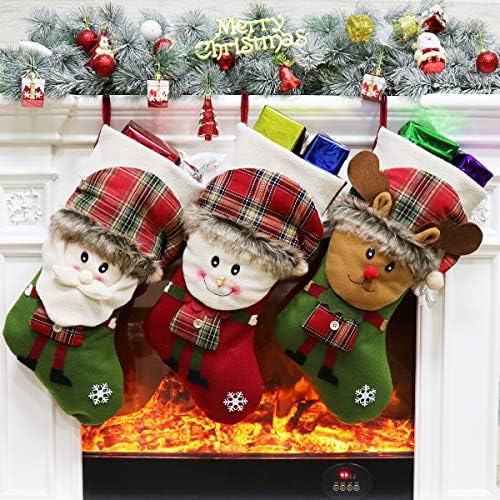 Aitey Christmas Big Stocking, 18" Xmas Stockings Set of 3 Character Santa, Snowman, Reindeer 3D Plush with Faux Fur Cuff Party Favor Supplies for Kids 2