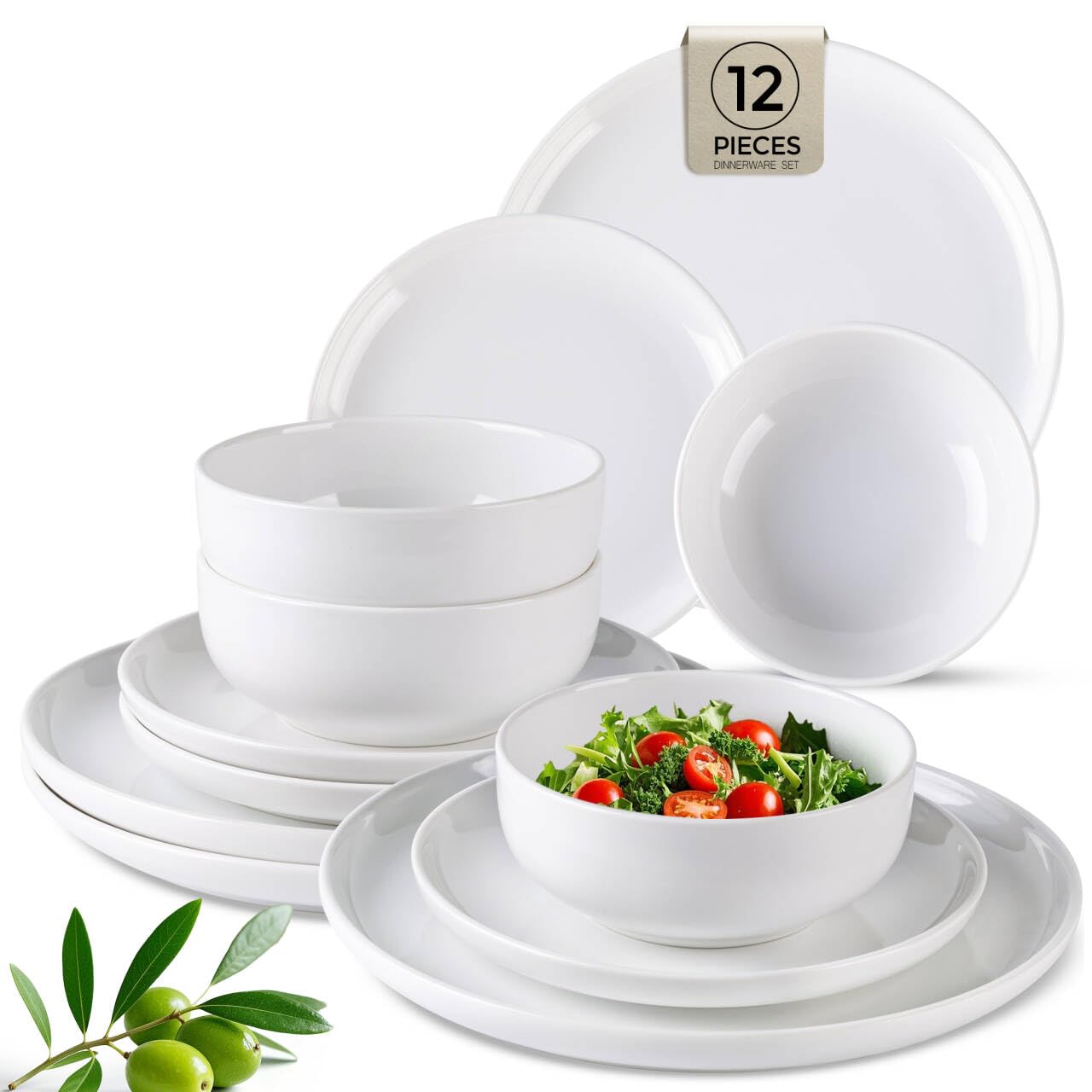 Photo 1 of GBHOME Ceramic Dinnerware Sets, 12 Pieces Stoneware Dinnerware Set, Plates and Bowls Sets, Dishwasher & Microwave Safe Dishes | Service for 4 -White